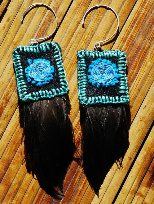 In the Blue -- Cruelty-Free duck feathers with hand embroidered felt and hand hammered, sterling silver ear wires